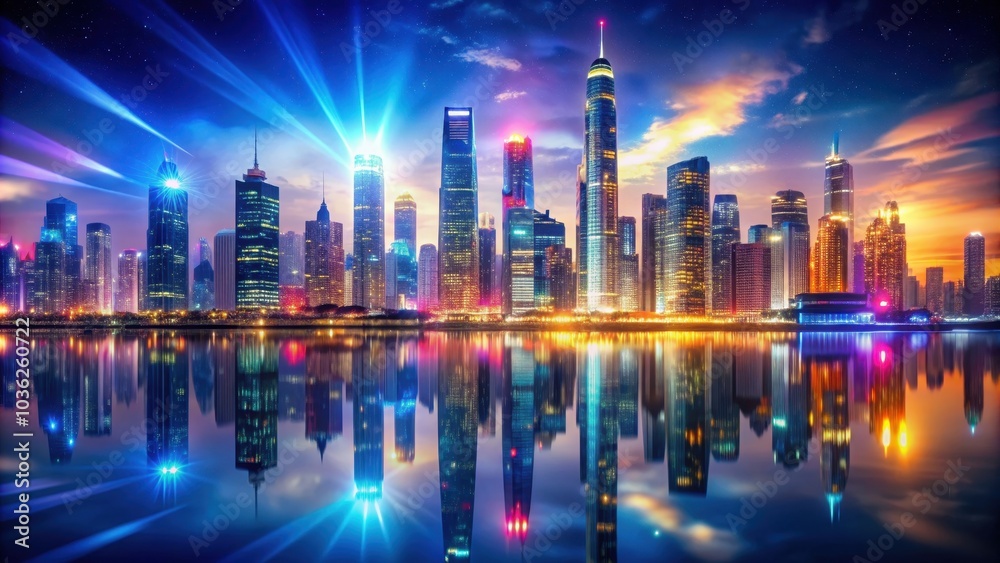 Fototapeta premium rendered of a vibrant futuristic city skyline with glowing lights and reflections on buildings, futuristic, cityscape