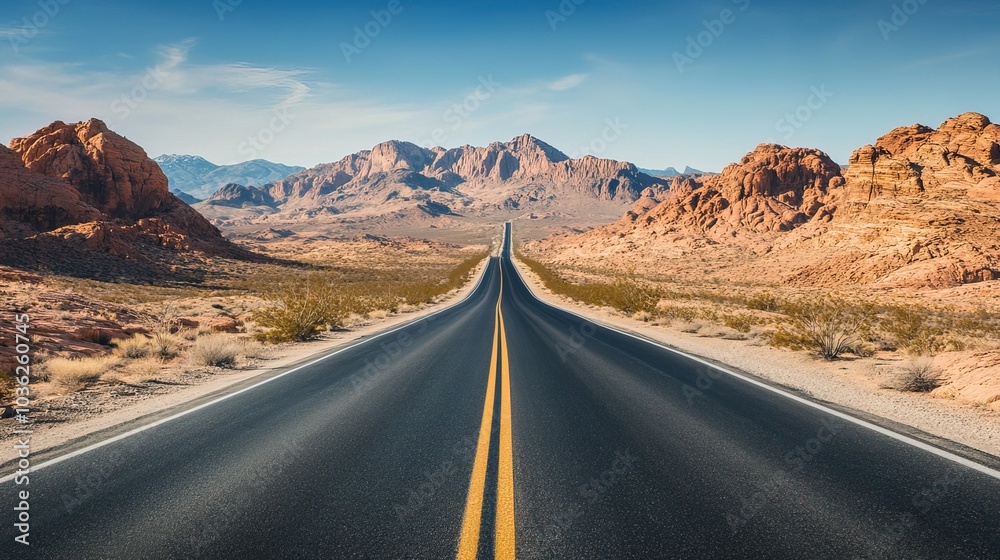Naklejka premium A long, empty road stretches through a desert landscape with mountains.