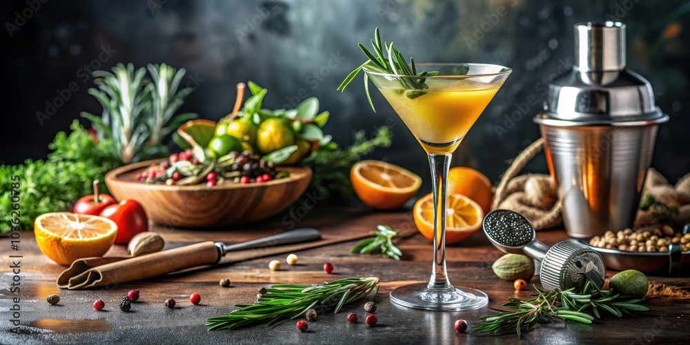 Cocktail on a stylish table setting with fresh ingredients and garnishes, cocktail, drink, bar, alcohol, mixology Cocktail on a stylish table setting with fresh ingredients and garnishes, cocktail, drink, bar, alcohol, mixology