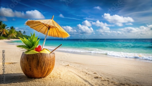 Wallpaper Mural Tropical cocktail with umbrella in a coconut on a sandy beach with ocean background, Tropical, beach, cocktail, umbrella Torontodigital.ca