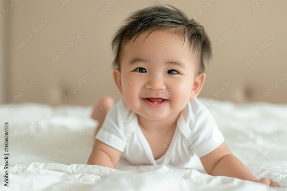A cute smiling Asian baby boy, wearing white short sleeves and crawling on the bed with a happy expression, is photographed in front of the bed A cute smiling Asian baby boy, wearing white short sleeves and crawling on the bed with a happy expression, is photographed in front of the bed