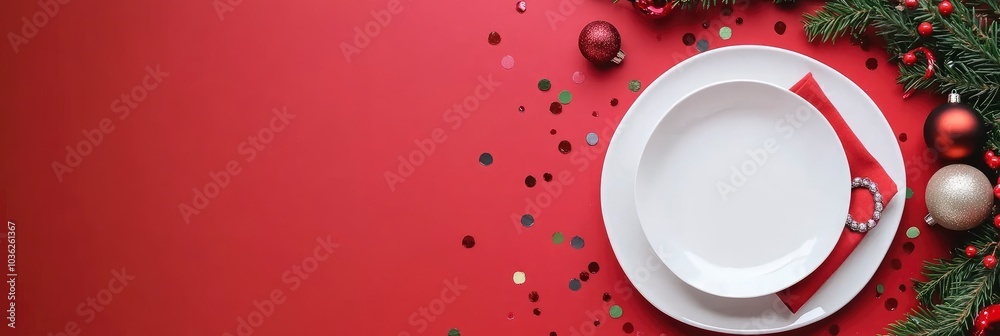 Start your holiday journey with Christmas table preparation. Top view flat lay of crockery, fir branches, ring napkin, holiday baubles, shiny confetti on red background with advert panel, ai Start your holiday journey with Christmas table preparation. Top view flat lay of crockery, fir branches, ring napkin, holiday baubles, shiny confetti on red background with advert panel, ai