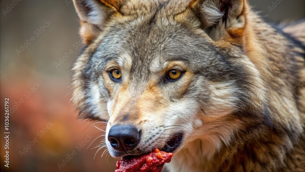 Fototapeta premium A close-up of a female wolf regurgitating food, wolf, regurgitate, animal, wildlife, nature, feeding, mother, instinct, carnivore
