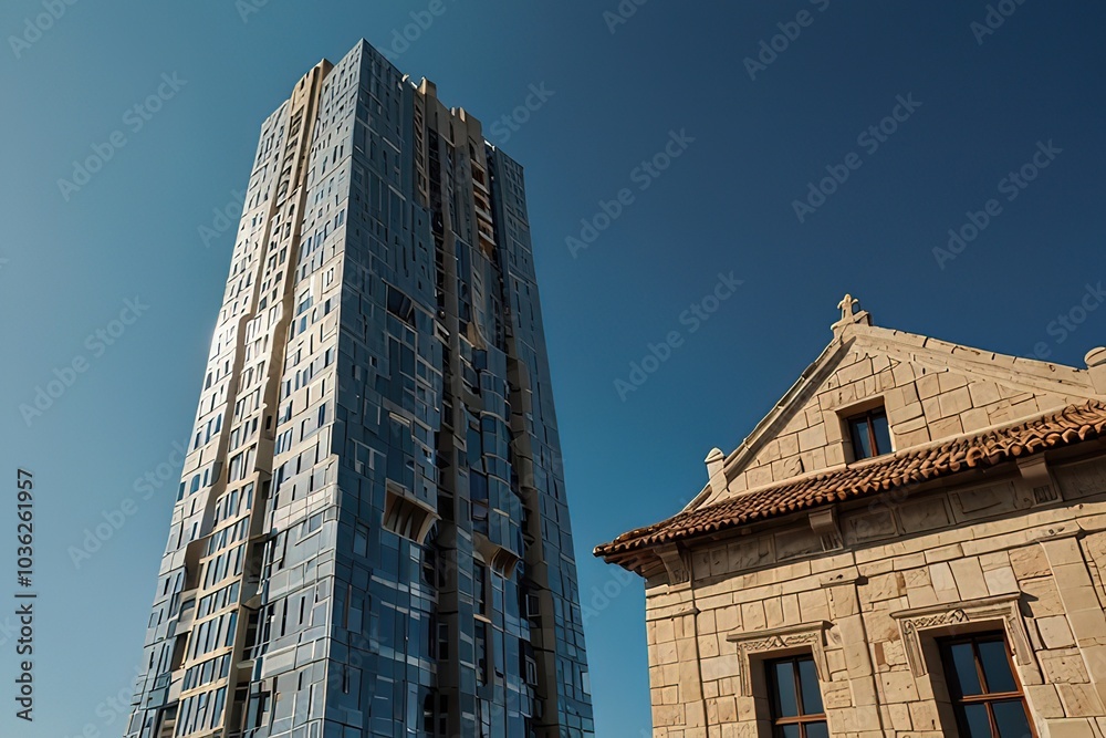 A modern skyscraper beside a historic building under a clear sky. A modern skyscraper beside a historic building under a clear sky.