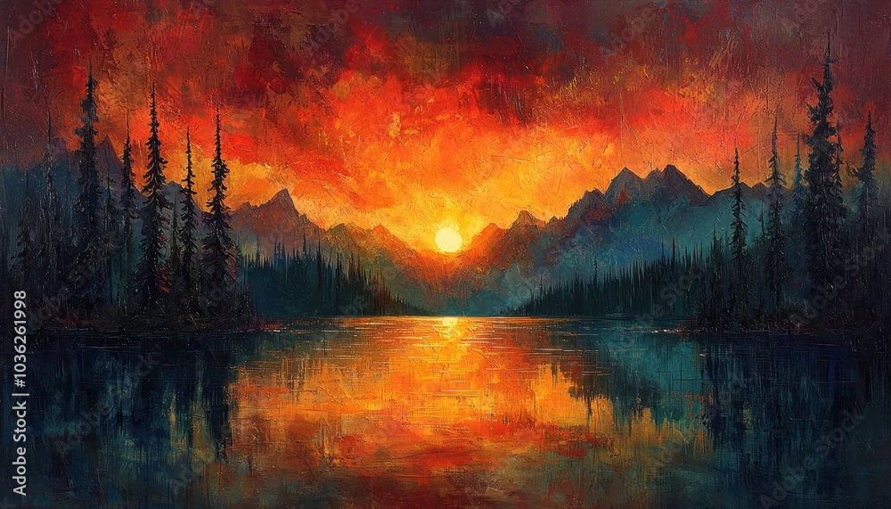 Sunset over a Mountain Lake with Silhouetted Trees Sunset over a Mountain Lake with Silhouetted Trees