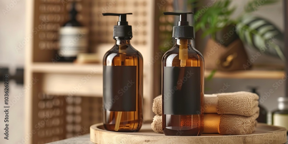 Obraz premium Close-up photography product shoot two amber pump bottles with black labels in bathroom interior scene. Brown pastel tones