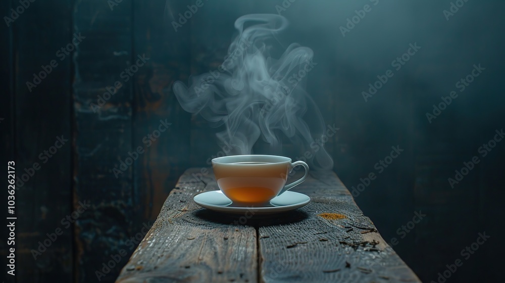 A tea cup placed on an old wooden table In a black background. Healthy drink concept.