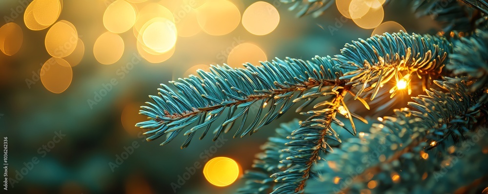Emerald needles of a fir tree branch closeup, illuminated by soft bokeh lights in the background, evoking a warm Christmas ambiance Emerald needles of a fir tree branch closeup, illuminated by soft bokeh lights in the background, evoking a warm Christmas ambiance