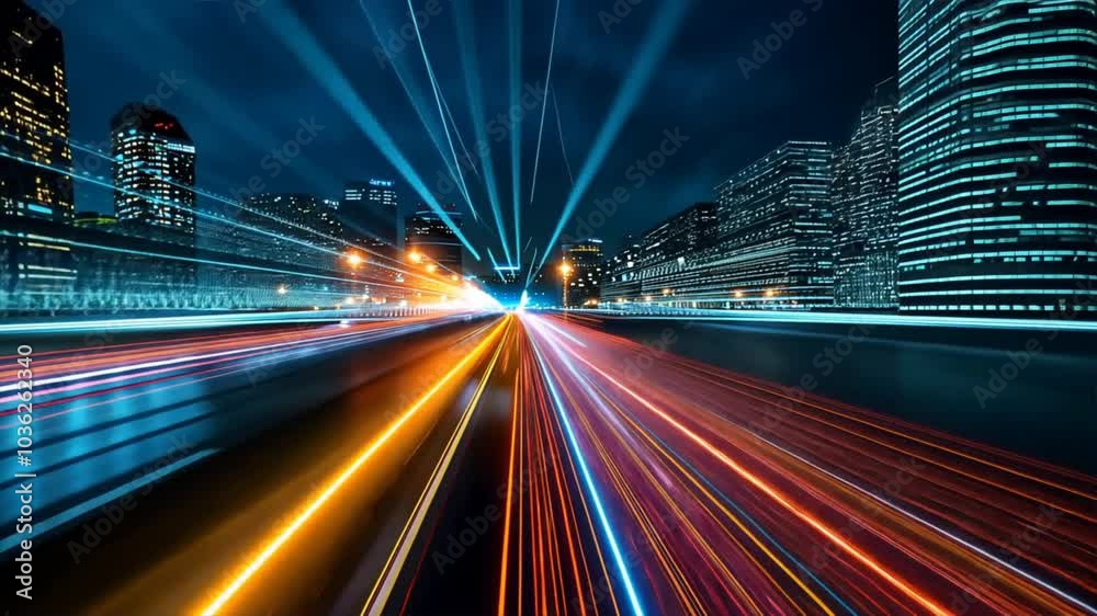 Vibrant urban city at night, with bright lights illuminating modern skyscrapers, showcasing dynamic traffic motion through long exposure photography. Vibrant urban city at night, with bright lights illuminating modern skyscrapers, showcasing dynamic traffic motion through long exposure photography.
