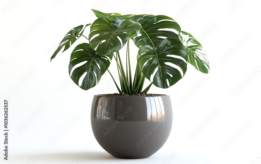Glossy monstera leaves in a sleek planter, minimalist white background, highlighting natural organic shapes and the beauty of indoor plants Glossy monstera leaves in a sleek planter, minimalist white background, highlighting natural organic shapes and the beauty of indoor plants