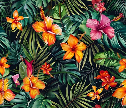 vibrant tropical pattern featuring lush green leaves