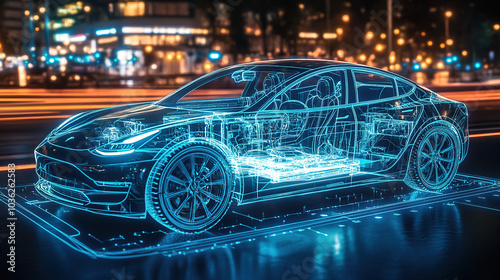 A detailed holographic rendering of an electric car, showcasing its intricate mechanical and energy systems with visible blue glowing lines