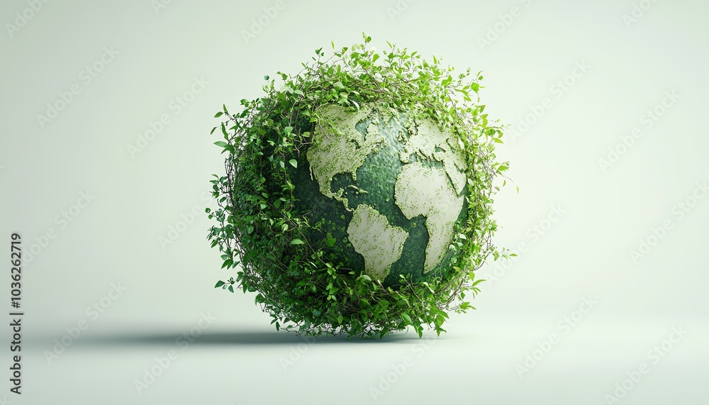 Leaves and vines forming an ecofriendly globe icon, suspended above a white background, gentle shadows, emitting a calming green glow Leaves and vines forming an ecofriendly globe icon, suspended above a white background, gentle shadows, emitting a calming green glow