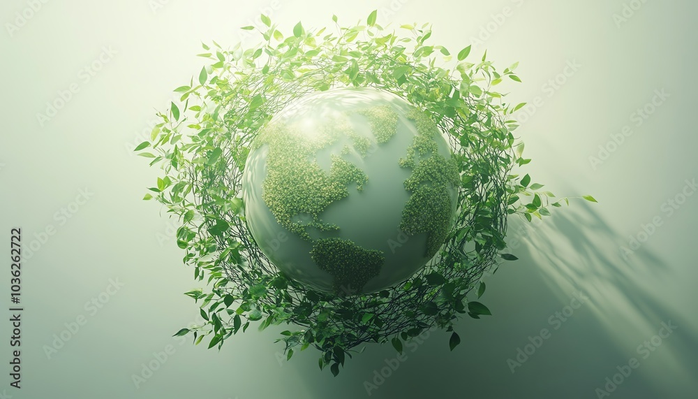 Leaves and vines forming an ecofriendly globe icon, suspended above a white background, gentle shadows, emitting a calming green glow Leaves and vines forming an ecofriendly globe icon, suspended above a white background, gentle shadows, emitting a calming green glow