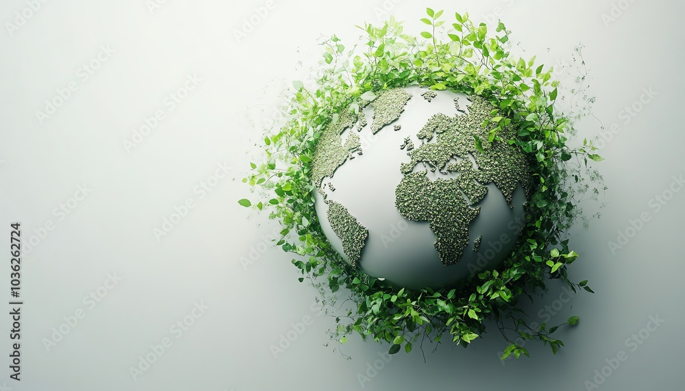 Leaves and vines forming an ecofriendly globe icon, suspended above a white background, gentle shadows, emitting a calming green glow Leaves and vines forming an ecofriendly globe icon, suspended above a white background, gentle shadows, emitting a calming green glow