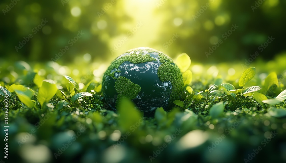 Lush green Earth with renewable energy symbols, corporate responsibility concept, showcasing ecofriendly practices and sustainability Lush green Earth with renewable energy symbols, corporate responsibility concept, showcasing ecofriendly practices and sustainability