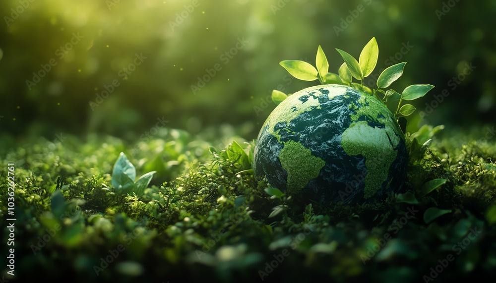 Lush green Earth with renewable energy symbols, corporate responsibility concept, showcasing ecofriendly practices and sustainability Lush green Earth with renewable energy symbols, corporate responsibility concept, showcasing ecofriendly practices and sustainability