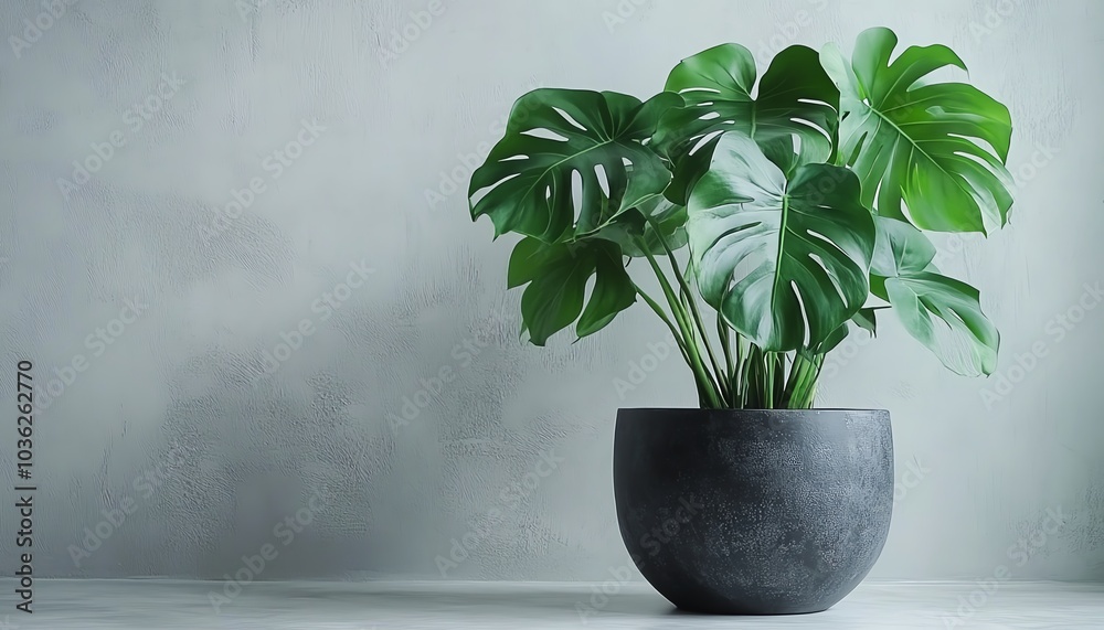 Lush green monstera in a modern planter, glossy leaves, white minimalist background, focus on organic design and textures for indoor plant lovers Lush green monstera in a modern planter, glossy leaves, white minimalist background, focus on organic design and textures for indoor plant lovers