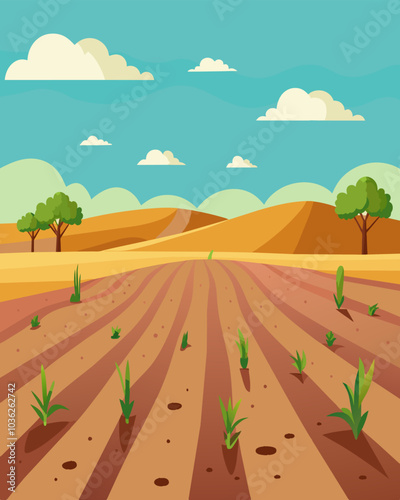 An empty field laid waste the result of unsustainable agricultural practices that have left the land of nutrients and unable to produce.. Vector illustration