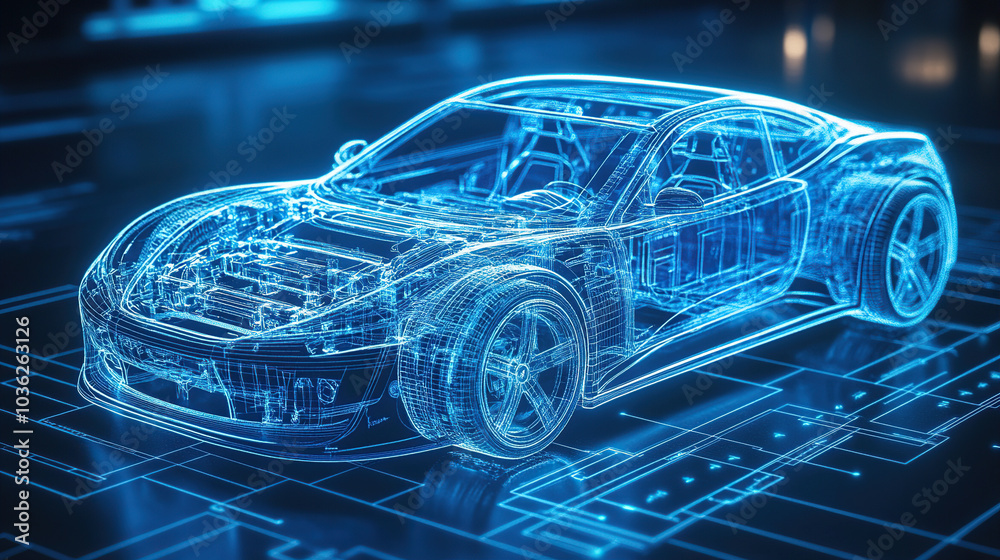 A car with an industrial blueprint is shown in a blue wireframe hologram style on the background of digital technology and circuit board A car with an industrial blueprint is shown in a blue wireframe hologram style on the background of digital technology and circuit board