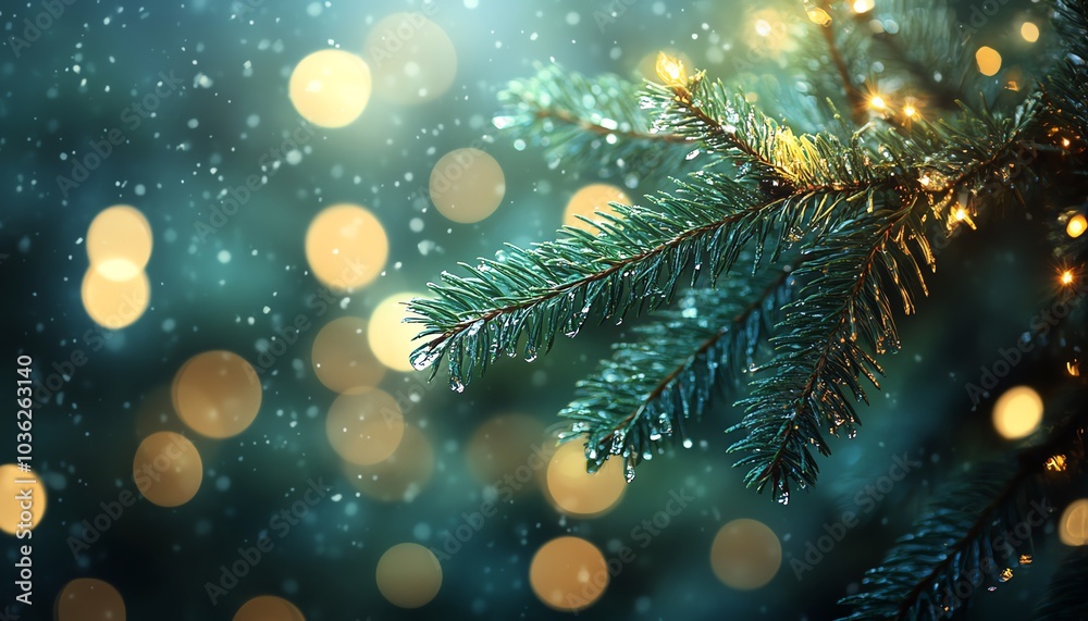 Closeup of a fir tree branch with lush emerald needles, surrounded by soft bokeh lights, creating a warm and inviting Christmas mood Closeup of a fir tree branch with lush emerald needles, surrounded by soft bokeh lights, creating a warm and inviting Christmas mood