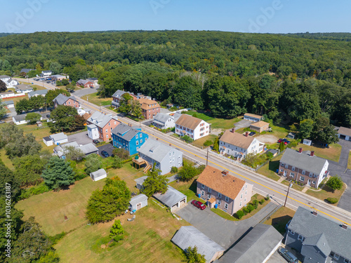 Albion historic village center aerial view in summer on Main Street at School Street in town of Lincoln, Rhode Island RI, USA.  photo