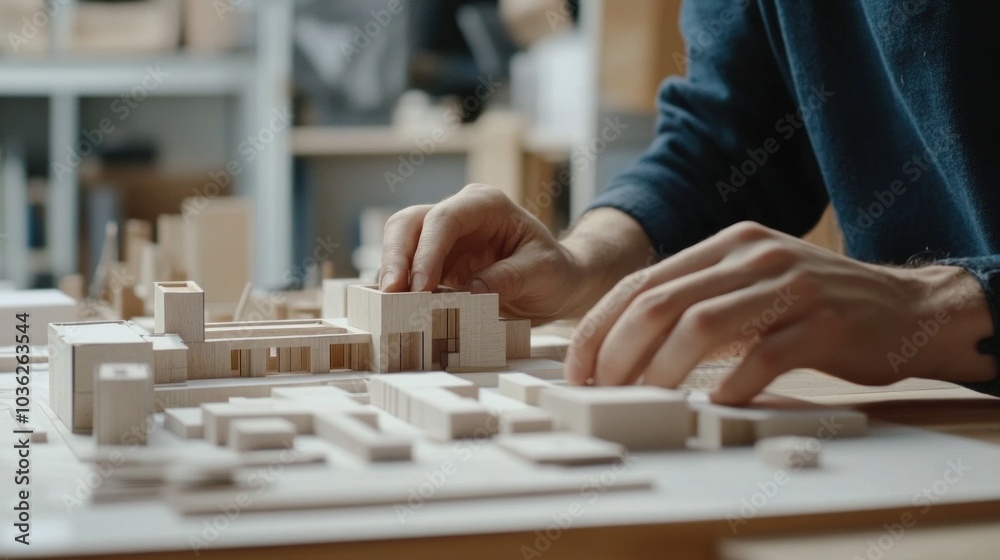 Fototapeta premium Architect Working on a Wooden Model