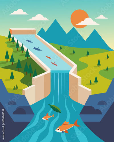 Dam construction on a river disrupting the natural flow and migration patterns of fish leading to decreased populations and potential extinction.. Vector illustration