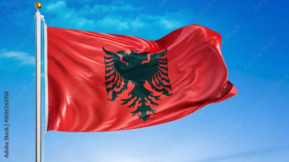 Albania flag blowing in the wind against a blue sky Video Albania flag blowing in the wind against a blue sky Video