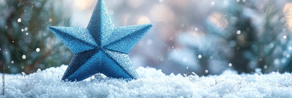 Winter decoration with a blue star and snowflakes on a snowy landscape background . ai