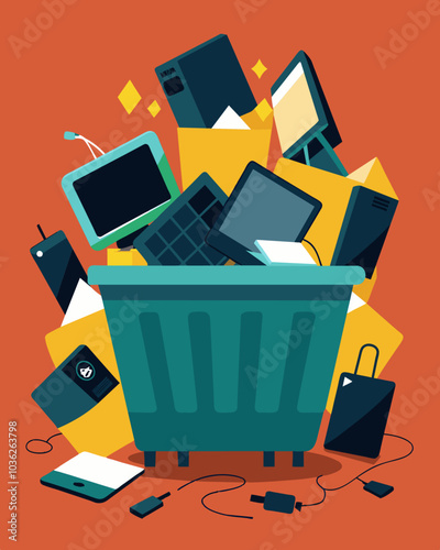 Dumpsters overflowing with discarded electronic gadgets their screens shattered and cords tangled.. Vector illustration