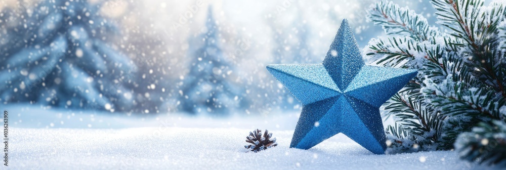 Winter decoration with a blue star and snowflakes on a snowy landscape background . ai Winter decoration with a blue star and snowflakes on a snowy landscape background . ai