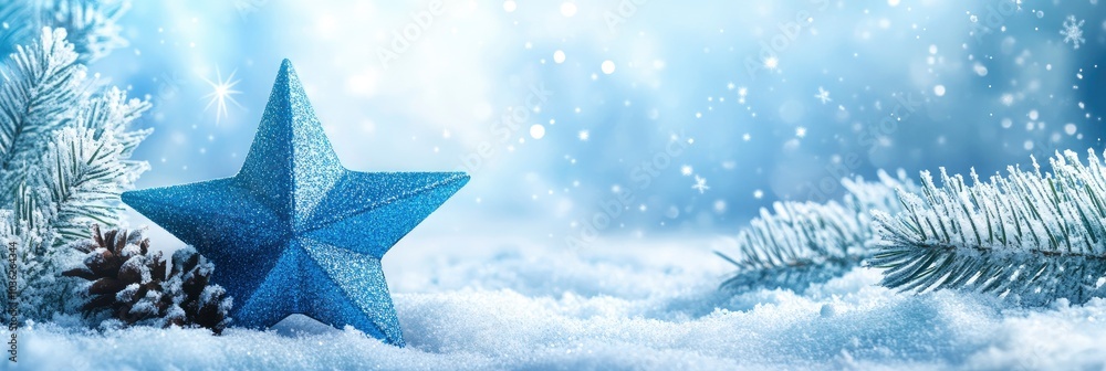 Winter decoration with a blue star and snowflakes on a snowy landscape background , ai Winter decoration with a blue star and snowflakes on a snowy landscape background , ai