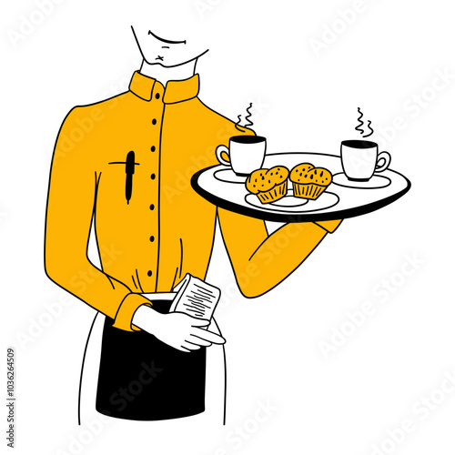 Waiter carrying tray with ordered food. Restaurant worker in uniform. Ordering muffins and coffee or tea in cafe. Hand drawing cartoon flat vector illustration isolated on transparent background