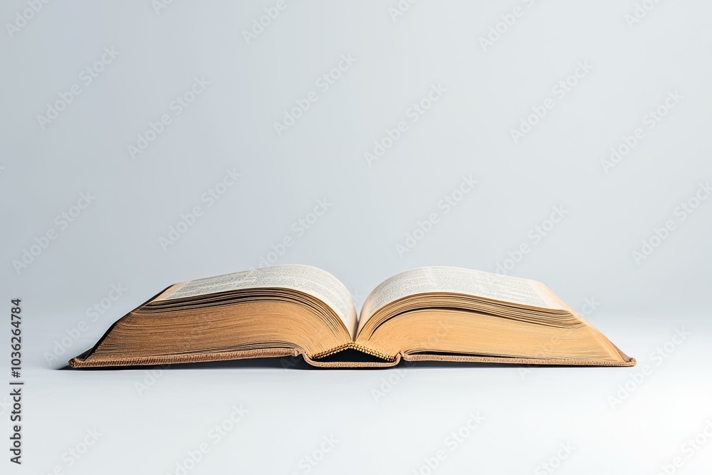 An open book displaying yellowed pages resting on a plain surface with minimalistic background effect An open book displaying yellowed pages resting on a plain surface with minimalistic background effect