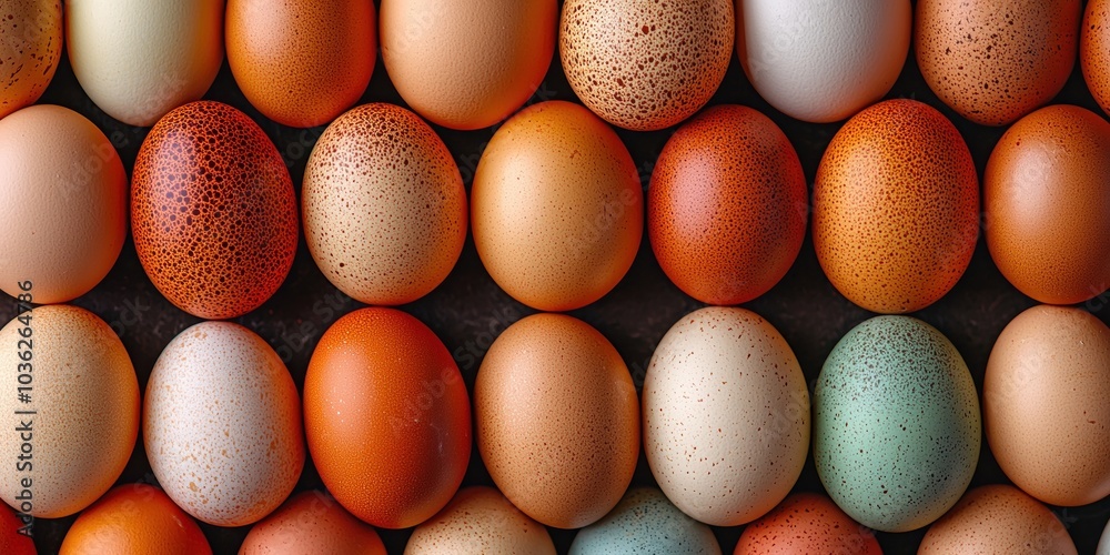 Close-up of various speckled and plain eggs arranged in rows Close-up of various speckled and plain eggs arranged in rows