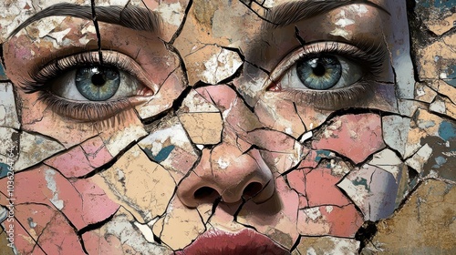 Close up of a woman's face with cracked and peeling paint.