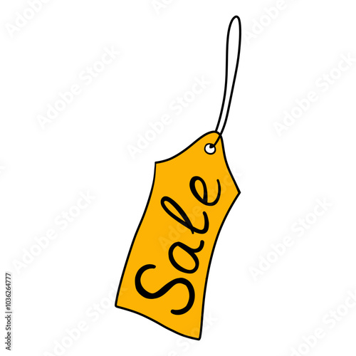 Sale tag. Price yellow paper label. Special offer, shopping discount, best price, big sale, Black Friday banner. Gift sticker with string. Isolated vector illustration on transparent background