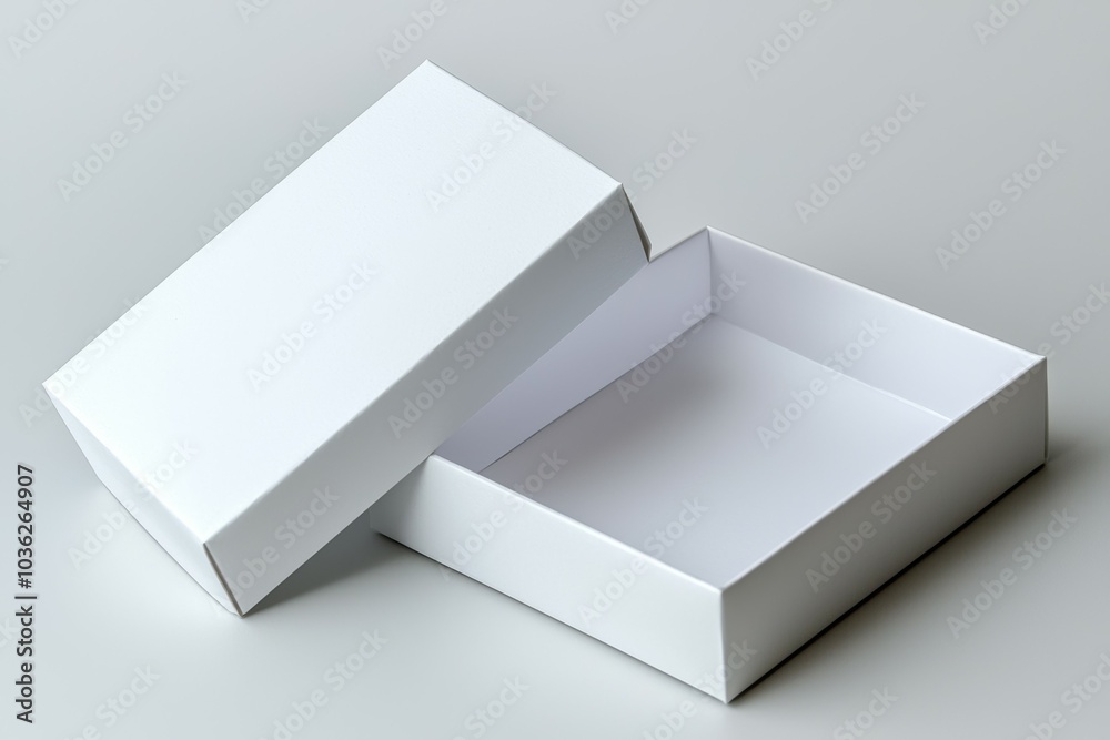 A simple white box with a lid partially open, displaying an empty interior against a neutral background A simple white box with a lid partially open, displaying an empty interior against a neutral background