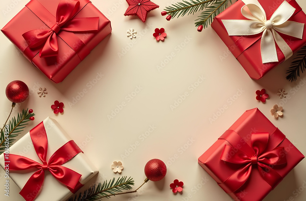 Festive gift boxes arranged with decorations on a soft background. Festive gift boxes arranged with decorations on a soft background.