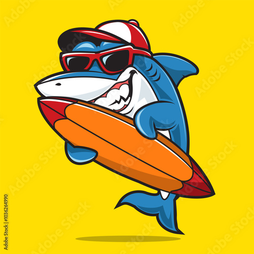 Photography Shark Surfing Cartoon Vector Icon Illustration
