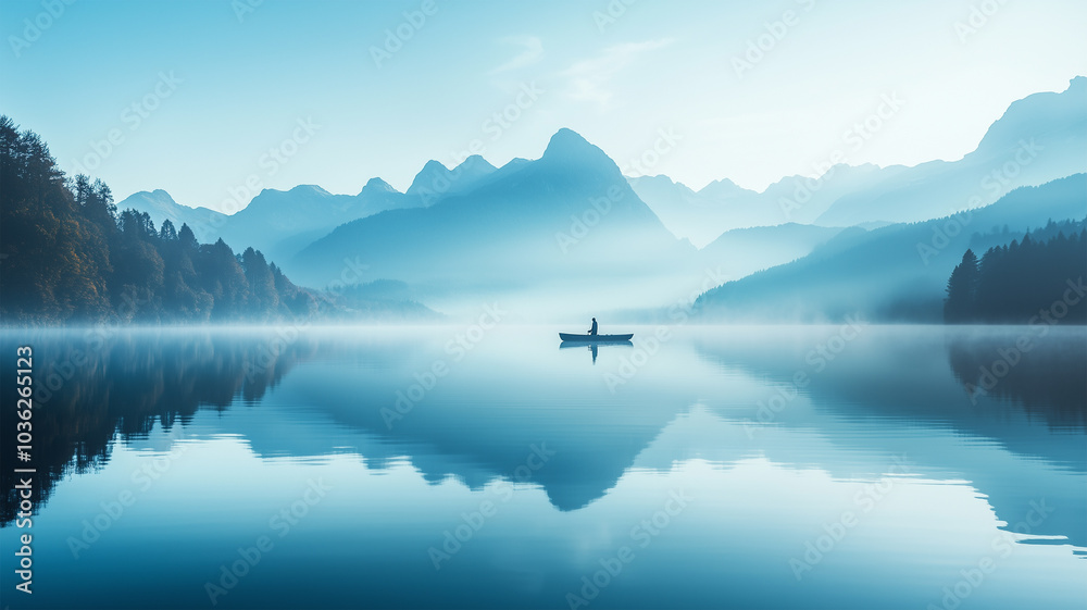 Fototapeta premium 霧の湖と孤独な釣り人