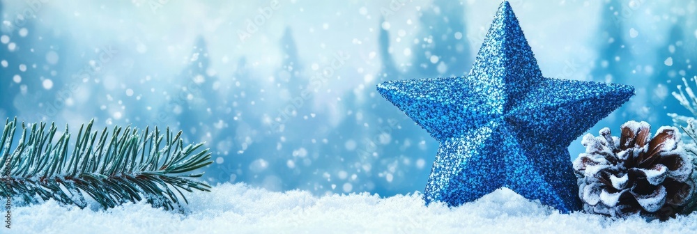 Winter decoration with a blue star and snowflakes on a snowy landscape background , ai Winter decoration with a blue star and snowflakes on a snowy landscape background , ai
