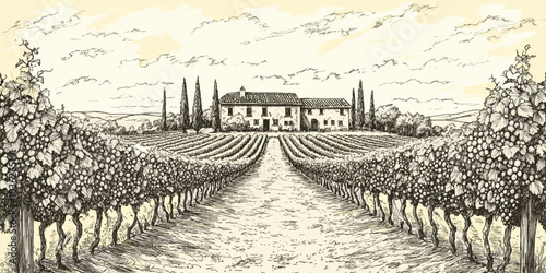 Vintage-style vector illustration of a vineyard landscape with a traditional farmhouse in the background, evoking rustic charm and countryside serenity. Ideal for vineyard-themed designs. 