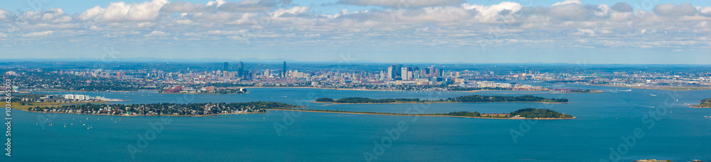 Fototapeta premium Boston Back Bay and Financial District skyline and Boston Harbor panoramic aerial view including Moon Island and Thompson Island from Quincy Bay, Boston, Massachusetts MA, USA. 