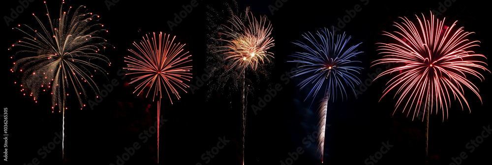 Fototapeta premium Fireworks illuminate sky, colorful patterns burst forming festive celebration display. AI generated
