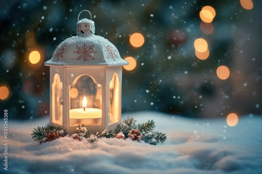 Christmas Lantern On Snow At Eve Night With Decorations And Ornaments - Candle Light With Snowfall And Abstract Defocused Lights , ai Christmas Lantern On Snow At Eve Night With Decorations And Ornaments - Candle Light With Snowfall And Abstract Defocused Lights , ai