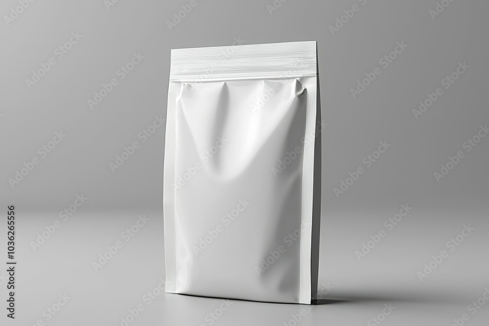 Simple white packaging bag showcased on a minimalist gray background in a studio setting Simple white packaging bag showcased on a minimalist gray background in a studio setting