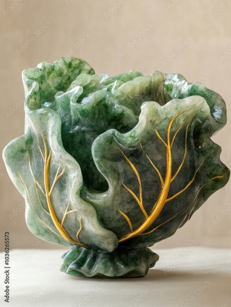 Obraz premium Jade Masterpiece: A 4K Close-Up of a Green Jade Cabbage with Gilded Elegance