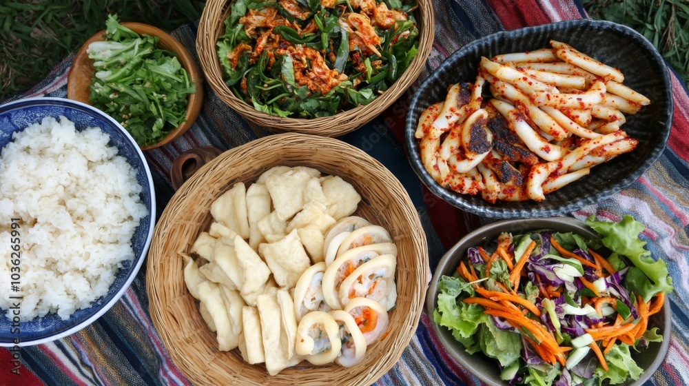 Vibrant Spread of Asian Cuisine on Picnic Blanket Vibrant Spread of Asian Cuisine on Picnic Blanket